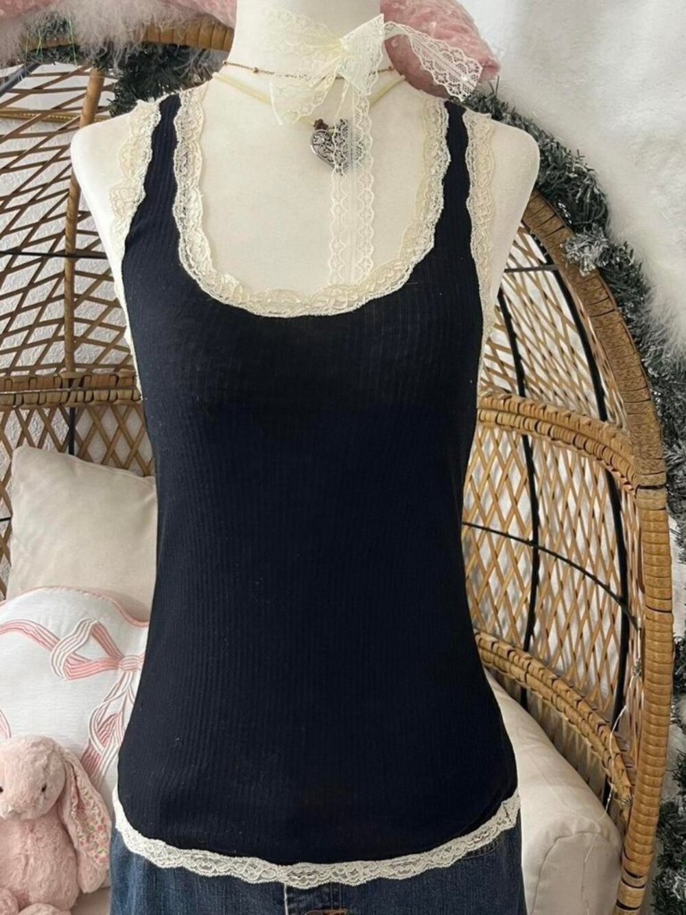 Black Ribbed Lace Trim Tank Top